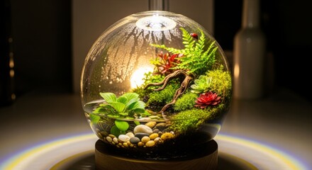Fototapeta premium Vibrant Miniature Terrarium with Lush Plants, Ladybug, and Warm Light on a Wooden Base