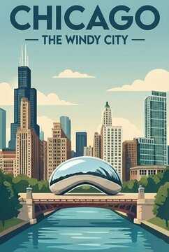 Vintage travel poster illustration of Chicago, Illinois. Featuring the Cloud Gate bean sculpture, the Chicago River, and skyline towers. Flat vector art style.