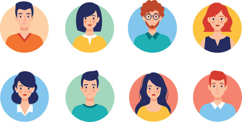 Eight diverse cartoon avatars in circles on a white background people portraits © Shakila