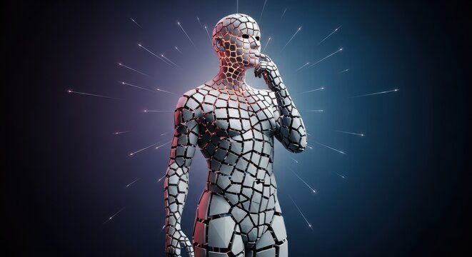 A humanoid robot with a metallic, geometric design, standing against a dark background with glowing lines.