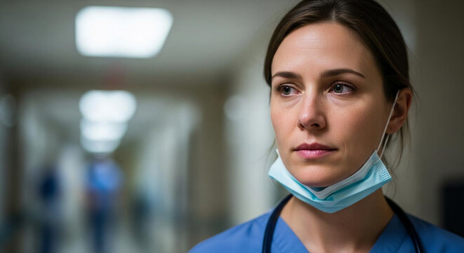 Close-up portrait of a female nurse wearing a blue scrub and a stethoscope with a surgical mask pulled down, standing in a blurred hospital corridor with a concerned expression.