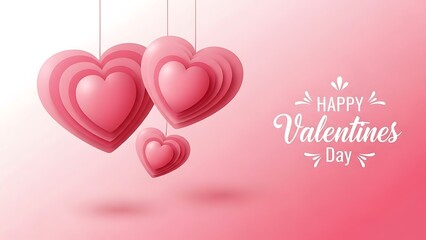 Three dimensional layered pink hearts hang suspended against a beautiful soft pink gradient background celebrating happy valentines day with space for text.