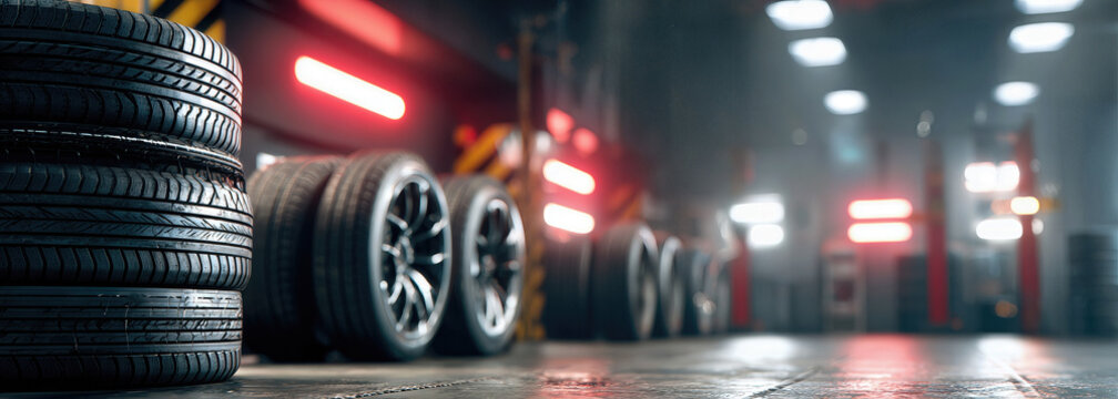 Interior of an auto shop with stacked tires and bright workshop lights in a modern garage
