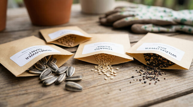 Paper seed packets for sunflower, tomato, and wildflowers on a wooden table. Seeds spilling out ready for sowing. Spring gardening preparation