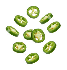 Jalapeno slices levitating with a faint sheen, seeds scattered as a separate hovering layer
