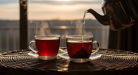 Fototapeta premium Tea being poured into glass cups outdoors.