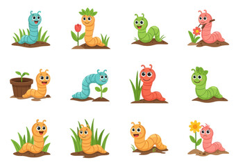 Obraz premium Cute cartoon worm characters in various colors and poses with plants and flowers, perfect for educational and children's content