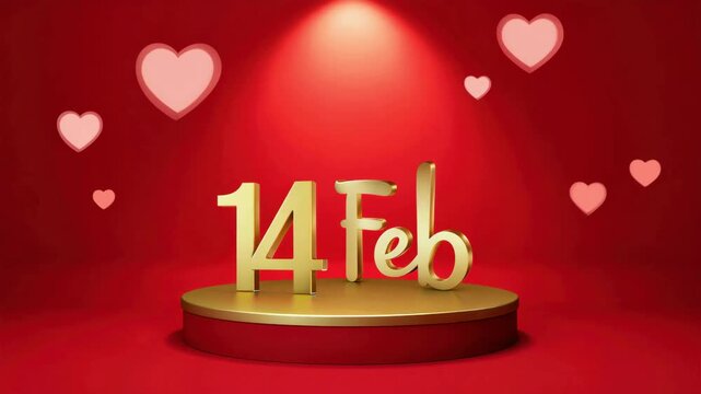 Valentine's day gold display on red backdrop with floating hearts, glossy pedestal centerpiece, romantic mood, red glow, heartfelt decor, elegant lighting, gift ideas, candlelight, romance