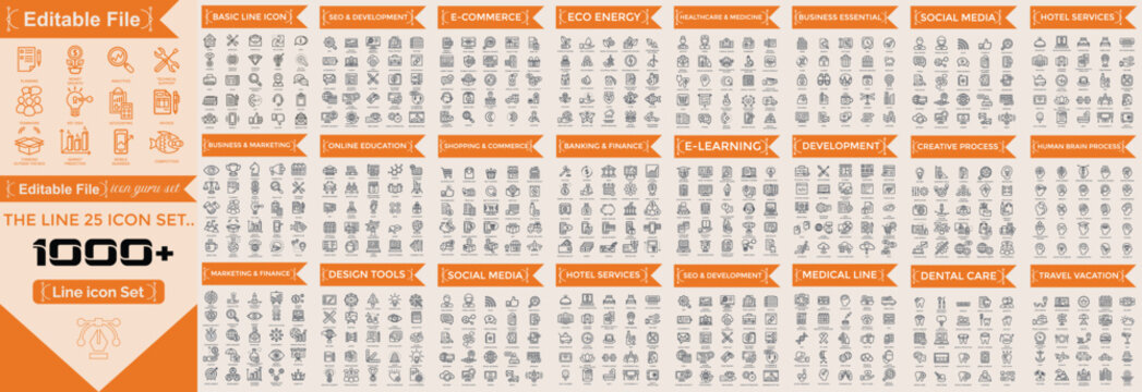 Mega set of vector thin line icons. Editable stroke. Contains such icon collection as commerce, business, finance, banking, data analysis, teamwork, marketing. line big icon set
