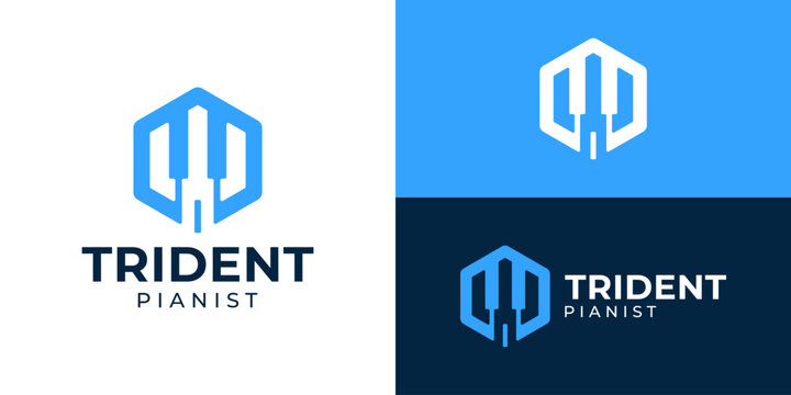 Creative simple trident pianist logo template. Abstract piano with trident in hexagon shape, entertainment logo design vector illustration.