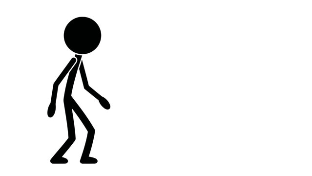 Simple black stick figure man walking on white background.