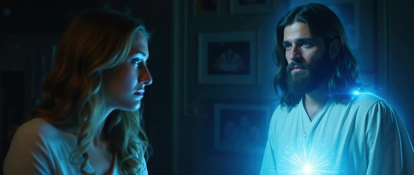 Jesus Christ appears to a woman in a divine vision. A glowing blue light emanates from his soul. A concept of faith, hope, and miracles