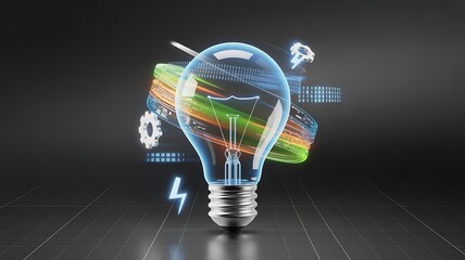 Brainstorming concept with a light bulb - Flat lay
