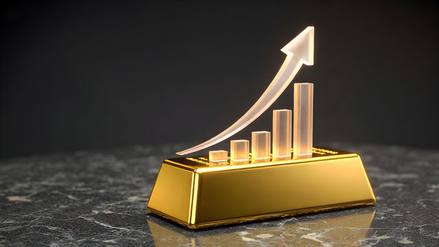 Gold Price Increase. Gold bar with rising bar chart and upward arrow, symbolizing investment growth and rising commodity value.