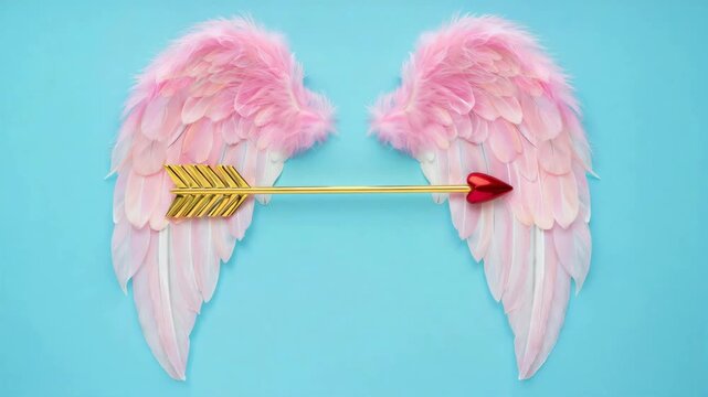Pink angel wings with golden arrow and heart symbolizing love and romance on a blue background, valentine's day celebration, romantic decoration, affection, holiday theme, cupid imagery