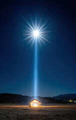 Fototapeta premium Bright star shines over a small shelter in a desert night under a starry sky