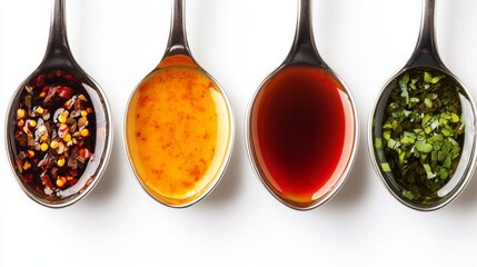 Four spoons filled with aromatic spices, sauces and herbs vividly demonstrate the diversity of culinary ingredients, emphasising their richness and freshness, which is ideal for creating 