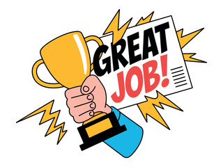Fototapeta premium A cartoon hand holding a trophy with a newspaper saying great job