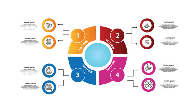 Collection of vector circle chart infographic templates for presentations, advertising, layouts, annual reports. 4 options, steps, parts	