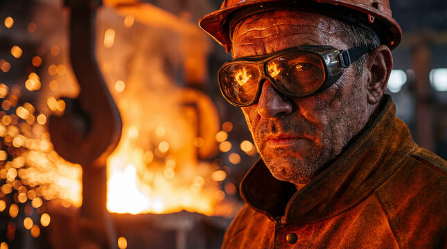 Worker in metallurgy factory at high temperature with sparks flying in the background