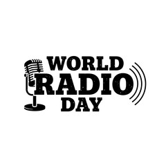 Black vintage World Radio Day logo, broadcasting promotion graphic.