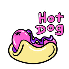 funny cartoon hot dog with pink and purple sauce and lettering. bright vector fast food illustration isolated on white background for menu, poster and sticker design