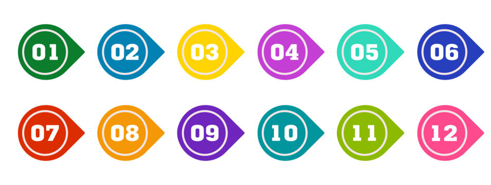 Colorful bullet point markers from 1 to 12. Minimalist round numbered Bullets for Infographics, Diagrams, Presentations, Projects, and Design. Vector Elements isolated on a white background