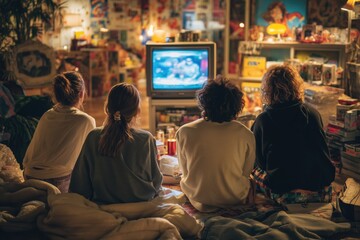 Fototapeta premium Group of four teenagers sitting on floor watching television together in cozy room, backs facing camera, surrounded by snacks and retro decor, sharing relaxed moment indoors