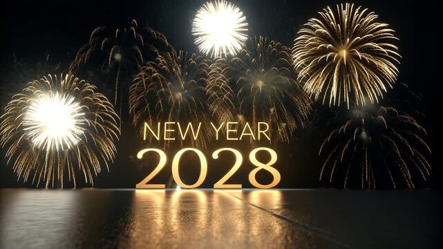 Golden New Year 2028 Fireworks Display Reflection on Water Surface Stock Video
