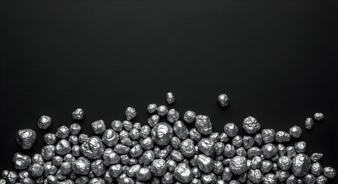 Heap of raw platinum nuggets isolated on black background with copy space for financial investment concepts and precious metal mining industry themes representing wealth and economy