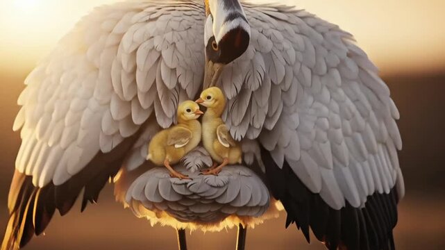 Crane with two chicks under its wing at sunset, showcasing parental care and new life.