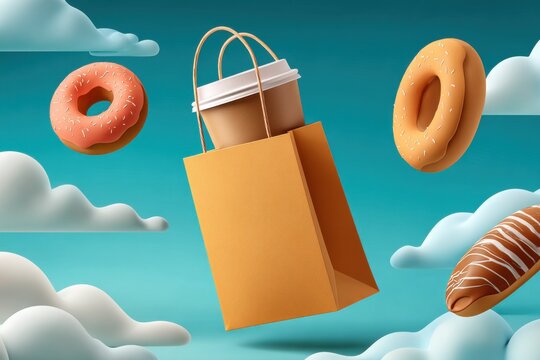 Orange shopping bag with a coffee cup floats among donuts and clouds in a surreal sky