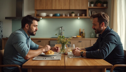 Fototapeta premium Intimate dinner with two men sharing conversation and food at wooden table. Dinner setting features delicious meal on plates, glasses of wine, and a fresh flower centerpiece.