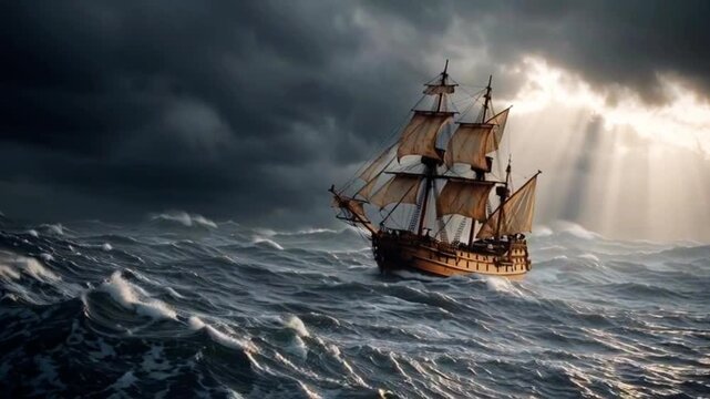 Old Sailing Ship Battling Stormy Ocean Under Dramatic Dark Skies