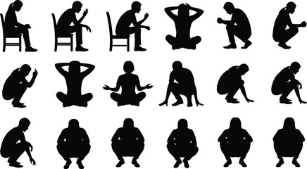 Human seated and squatting posture silhouette set, black icon grid, body language reference, ergonomic pose illustration, gesture variation design