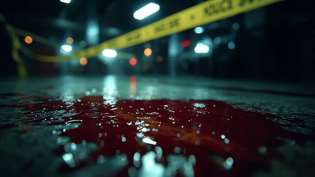 Cinematic Crime Scene with Blood Splatter on Gritty Floor and Police Tape