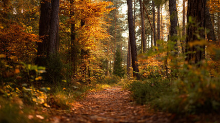 Sunlit forest path in autumn, lined with trees displaying vibrant orange and yellow leaves.