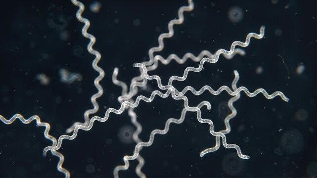 Lyme disease spirochetes floating in a liquid. Microscopic photo of a spirochete of Lyme disease bacteri. 