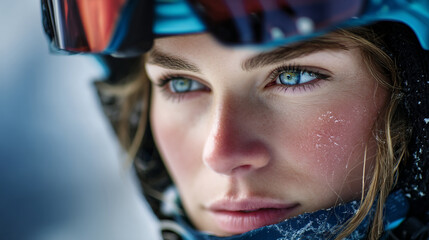 Intense gaze of a young woman with bright blue eyes, her face dusted with snow, wearing ski gear.