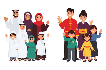 Smiling people in traditional clothing from different cultures waving  multicultural community and diversity concept
