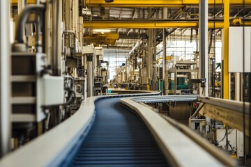 Conveyor belt in factory shows machinery working in a production line during daylight hours
