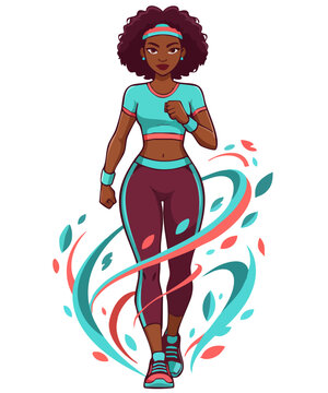 African American woman outdoors power walker, runner. Dynamic power walking illustration: diverse female athlete in vibrant style. Active lifestyle concept: modern flat design of woman cardio training