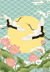 Fototapeta premium Two gracefully flying cranes and lotus plants illustration