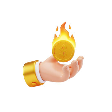3d golden coin on fire held in a human hand symbolizing wealth and opportunity transparent background