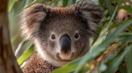 Close-up portrait of a cute koala bear peeking through green eucalyptus leaves in Australia.