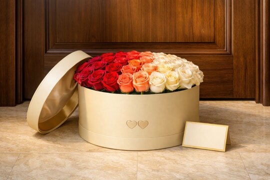Luxury rose hatbox gift at elegant doorway with lid and card