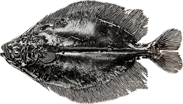 Vintage flatfish engraving style PNG illustration, black and white on transparent background