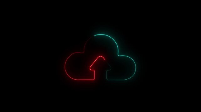Glowing neon cloud storage with arrows, looped animation. Cloud space and technology, data backup icon. Cloud computing glowing neon Downloading icon animation.with video animation.