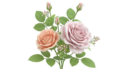 Soft pink and peach roses with buds and green leaves