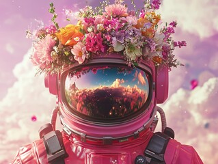A pink astronaut helmet isadorned with an extravagan crown of colorful flowers Whimsical and vibrant fuson of futuristic gear and loral headpiece art.